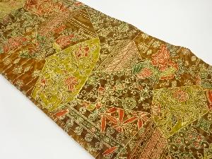 上代紬型染草花・蝶に幾何学模様名古屋帯